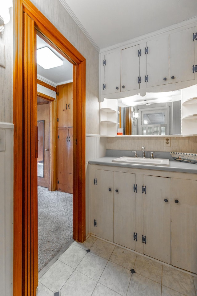 kitchen featuring light countertops, a sink, light carpet, and crown molding