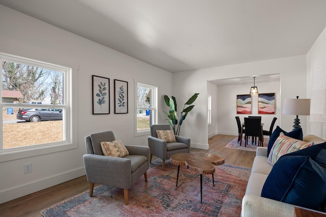 living area featuring baseboards and wood finished floors