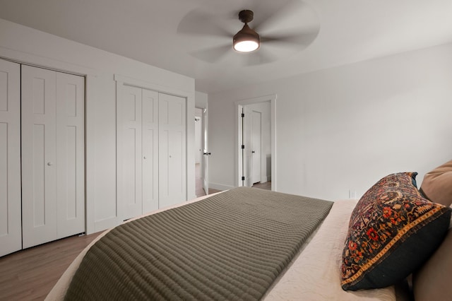 bedroom featuring ceiling fan, two closets, and wood finished floors