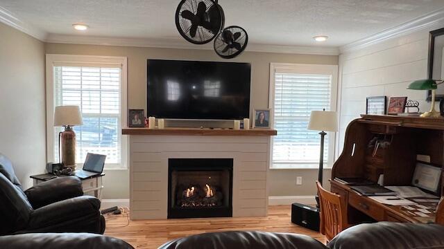 living room with wood finished floors, baseboards, a lit fireplace, and ornamental molding