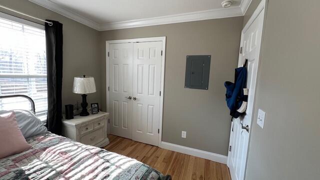 bedroom with baseboards, light wood-type flooring, ornamental molding, electric panel, and a closet