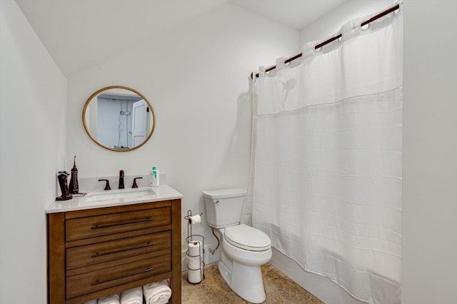 full bath featuring vanity, vaulted ceiling, shower / tub combo, and toilet