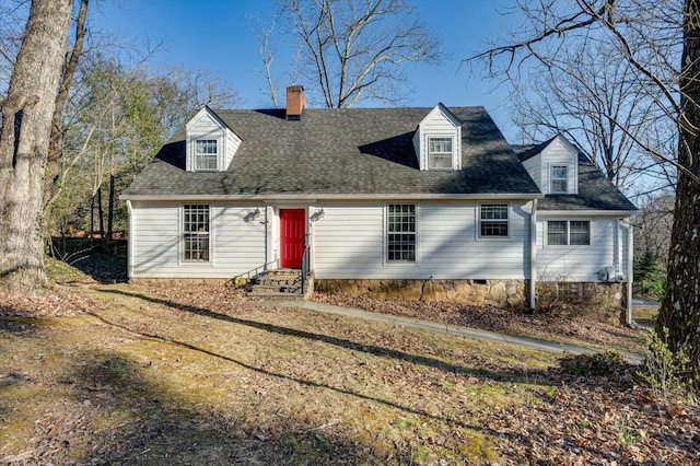 cape cod house featuring crawl space, roof with shingles, a chimney, and entry steps