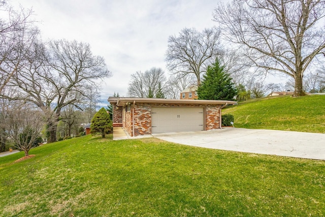 exterior space featuring brick siding, a lawn, concrete driveway, and a garage