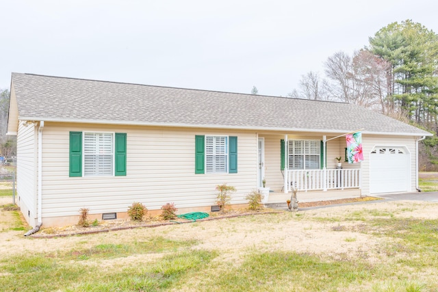 single story home with crawl space, a porch, driveway, and a garage