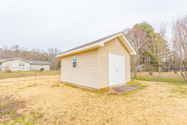 view of shed with a fenced backyard