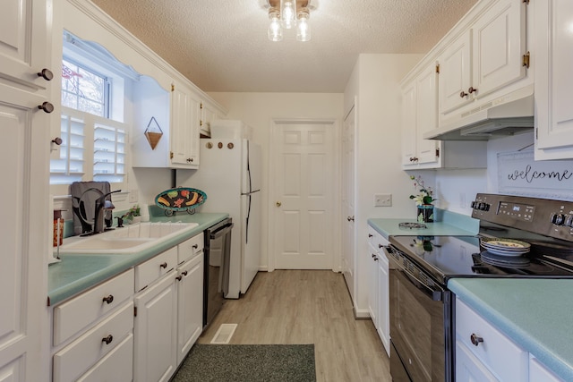 kitchen featuring under cabinet range hood, dishwasher, white cabinets, and black electric range oven