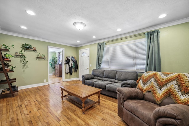 living room featuring crown molding, light wood-style floors, and a textured ceiling