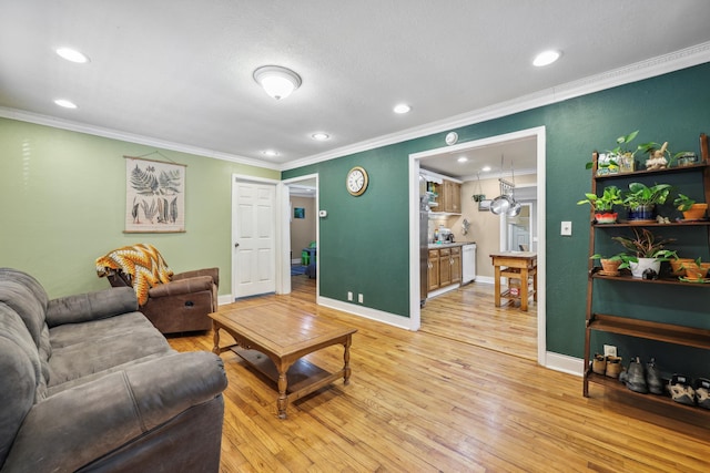 living room featuring baseboards, light wood-style floors, and ornamental molding