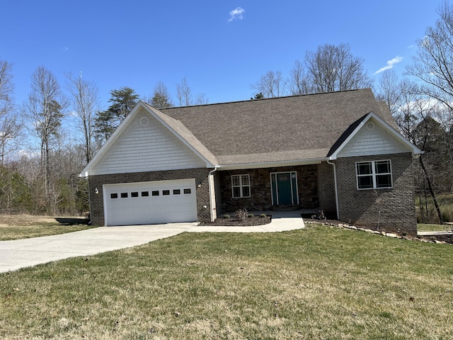 ranch-style house with brick siding, a shingled roof, a front lawn, driveway, and an attached garage