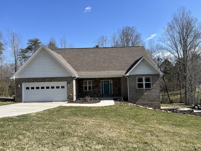 ranch-style house featuring a front lawn, brick siding, a garage, and driveway