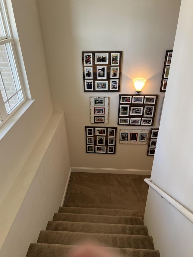 stairs with baseboards and carpet floors