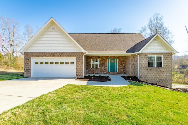 ranch-style home featuring a garage, concrete driveway, and a front yard