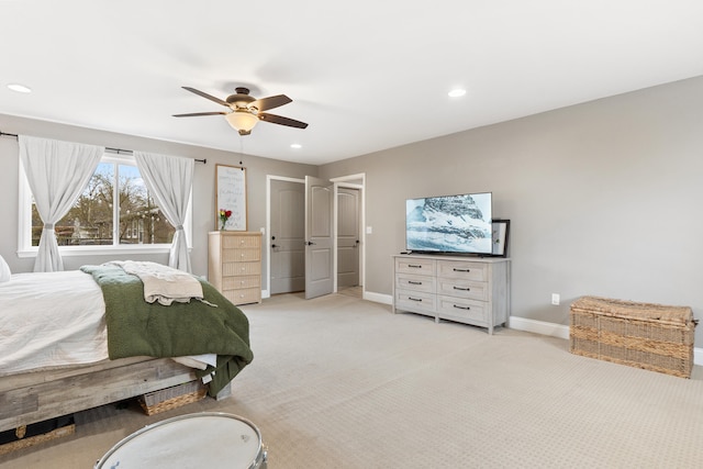 bedroom featuring recessed lighting, baseboards, light carpet, and ceiling fan