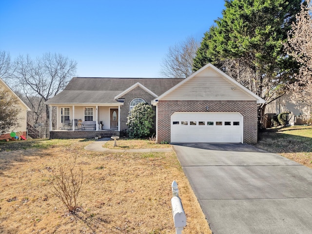 ranch-style house with concrete driveway, an attached garage, brick siding, and covered porch