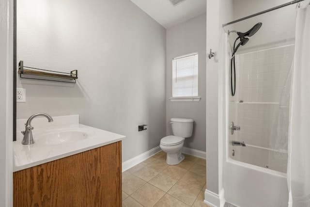 full bath featuring baseboards, toilet, shower / tub combo with curtain, tile patterned floors, and vanity