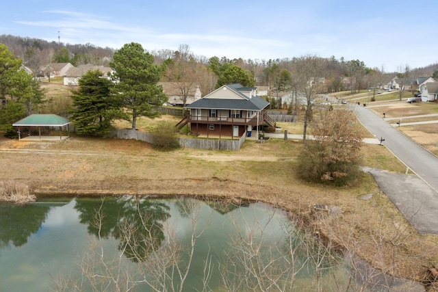 aerial view featuring a water view