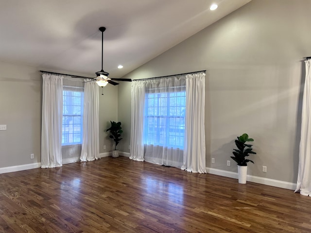 unfurnished room with recessed lighting, ceiling fan, baseboards, and wood finished floors