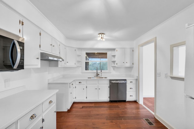 kitchen featuring visible vents, open shelves, a sink, under cabinet range hood, and appliances with stainless steel finishes