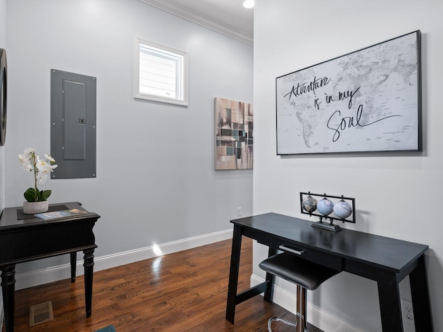 office area with visible vents, electric panel, dark wood-style floors, crown molding, and baseboards