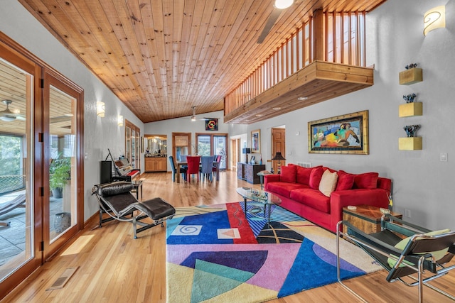 living area with visible vents, lofted ceiling, wood ceiling, and wood finished floors