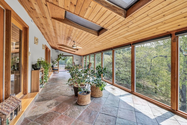 unfurnished sunroom featuring lofted ceiling with skylight and wooden ceiling