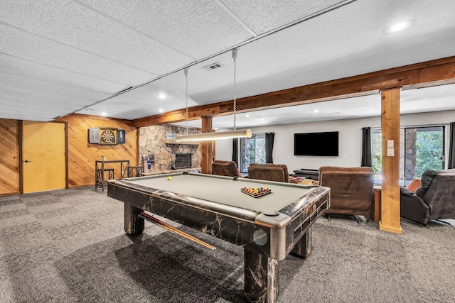 game room featuring visible vents, billiards, wood walls, and carpet flooring