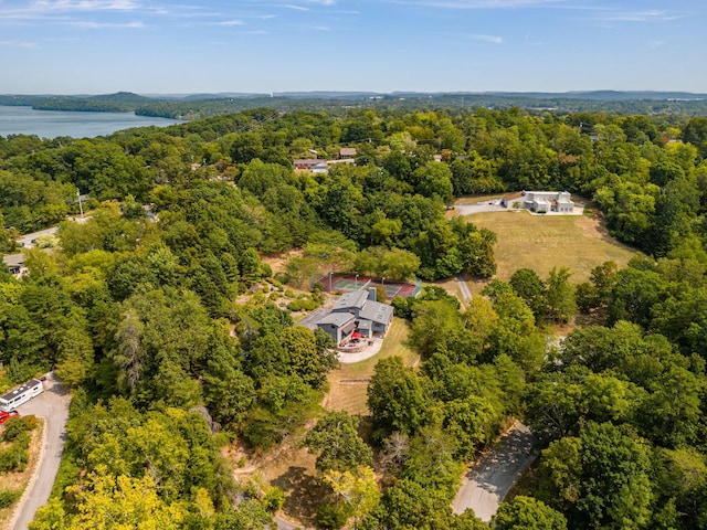 bird's eye view featuring a water view and a wooded view