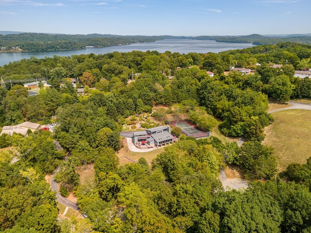 bird's eye view featuring a view of trees and a water view