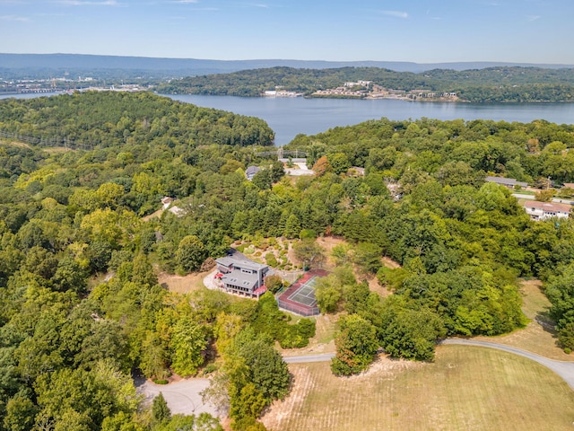 birds eye view of property featuring a forest view and a water view