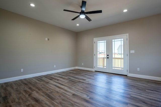 unfurnished room with baseboards, dark wood finished floors, recessed lighting, ceiling fan, and french doors