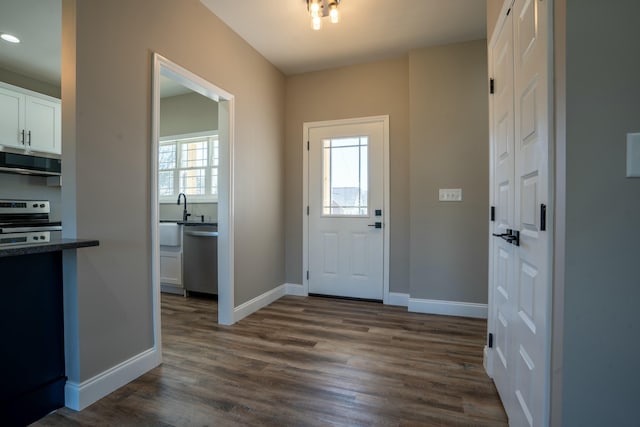 foyer entrance with baseboards and dark wood-style flooring