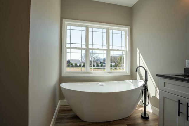 bathroom with a freestanding tub, vanity, baseboards, and wood finished floors