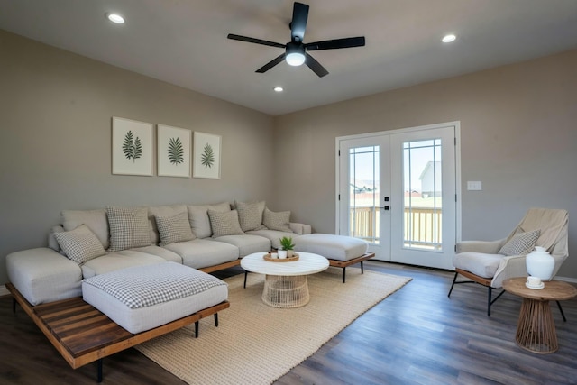 living area featuring recessed lighting, french doors, wood finished floors, and a ceiling fan