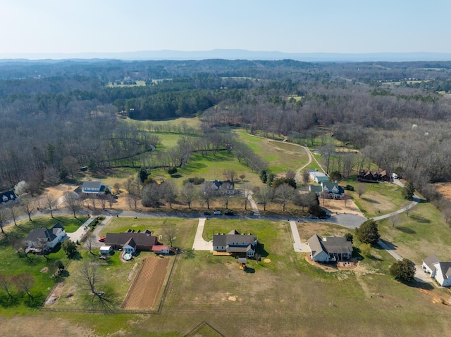 drone / aerial view featuring a rural view and a view of trees