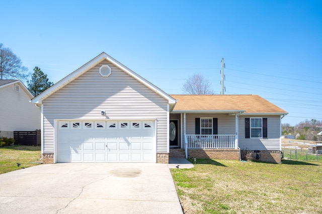 ranch-style home with a garage, covered porch, driveway, and a front lawn