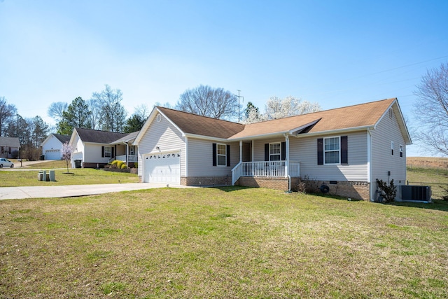 single story home with a front lawn, concrete driveway, covered porch, crawl space, and an attached garage