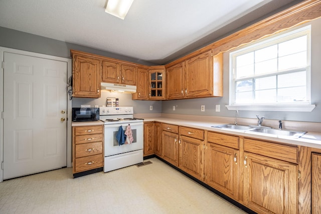 kitchen featuring brown cabinetry, a sink, under cabinet range hood, black microwave, and white electric range