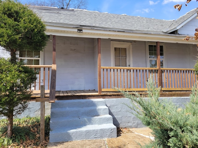 view of exterior entry with a porch and roof with shingles