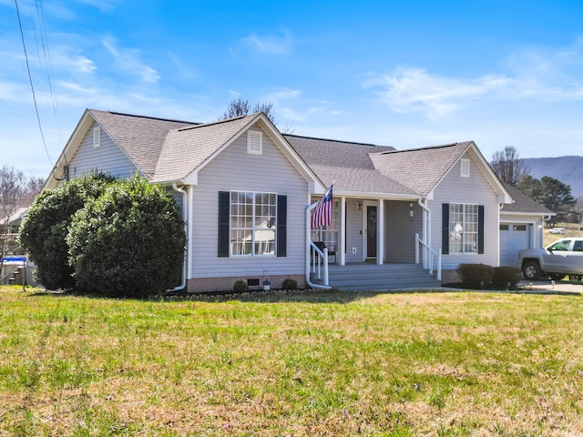 ranch-style home with a front yard, covered porch, an attached garage, and a shingled roof