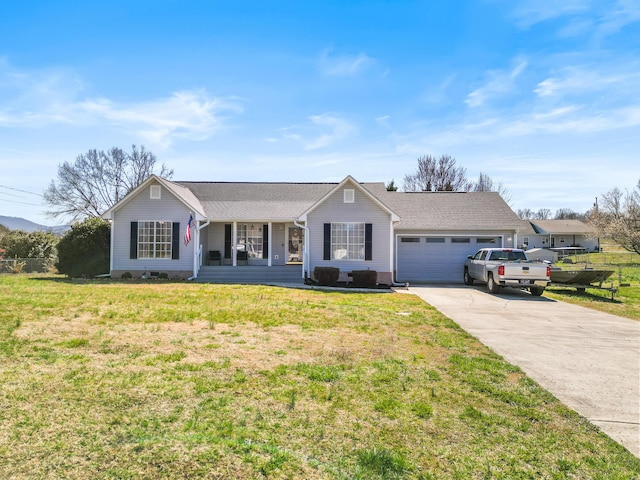 single story home with a garage, concrete driveway, and a front lawn