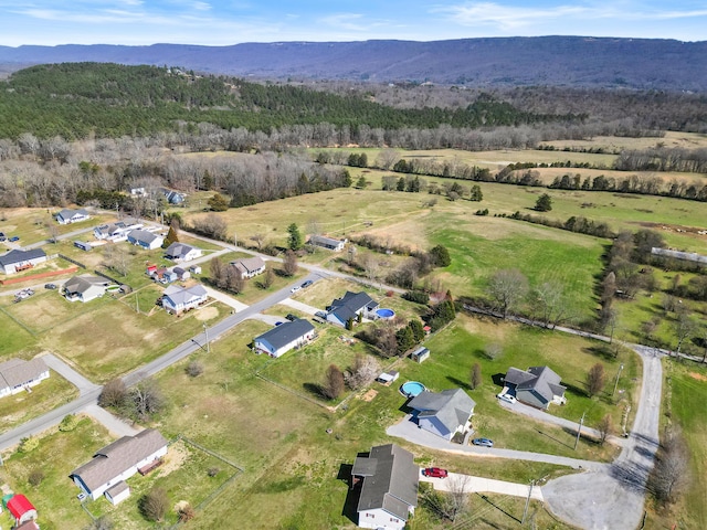 bird's eye view featuring a rural view and a mountain view