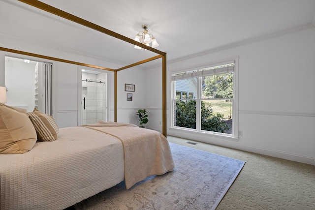 bedroom featuring visible vents, crown molding, baseboards, light colored carpet, and a notable chandelier