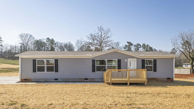 view of front of property with crawl space, roof with shingles, a deck, and a front lawn