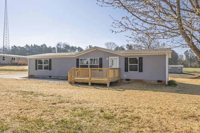 back of house with crawl space and a deck