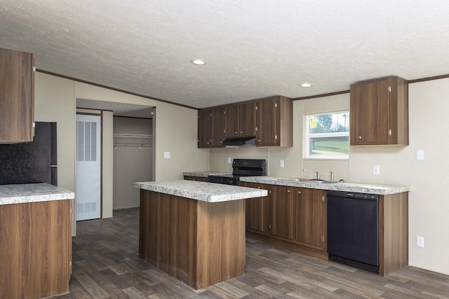 kitchen with under cabinet range hood, dishwashing machine, freestanding refrigerator, dark wood-style floors, and electric range