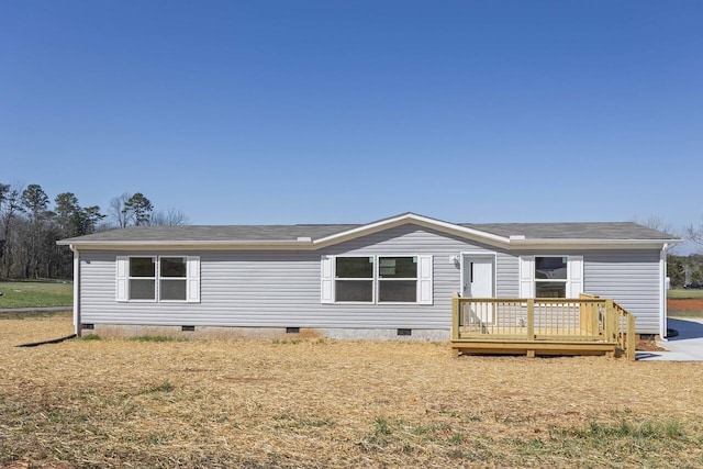 view of front of home with a deck, a shingled roof, and crawl space