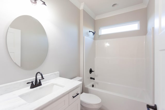 full bath featuring toilet, bathtub / shower combination, vanity, and ornamental molding