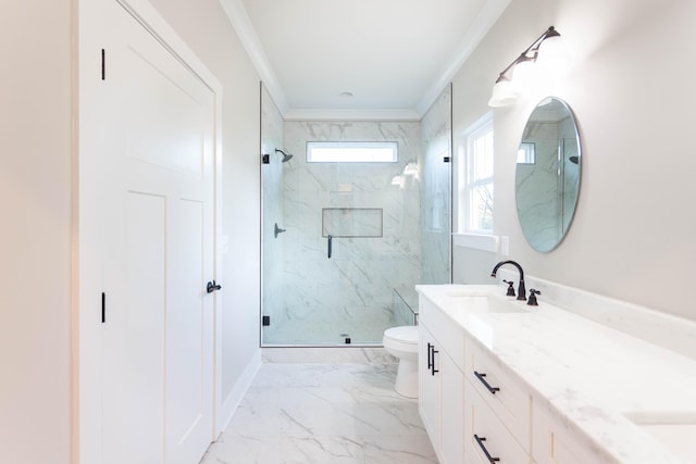 bathroom featuring a marble finish shower, crown molding, toilet, marble finish floor, and vanity