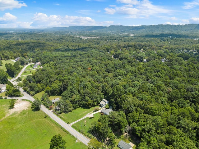 bird's eye view featuring a mountain view and a wooded view